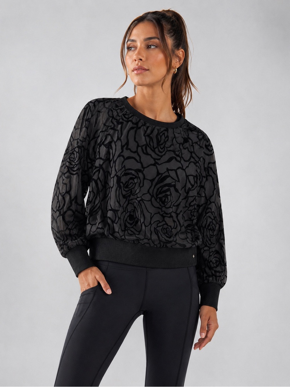 Fabletics Dark Gray and Black Rose-Print Crewneck “Lola” Pullover Flock Top